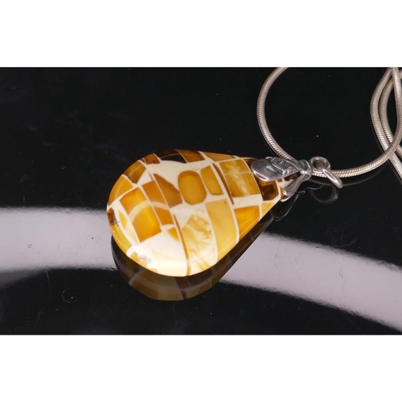 Mosaic Amber Pendant With Embedded Insects Sterling Silver On Sterling Chain - Picture 7 of 13